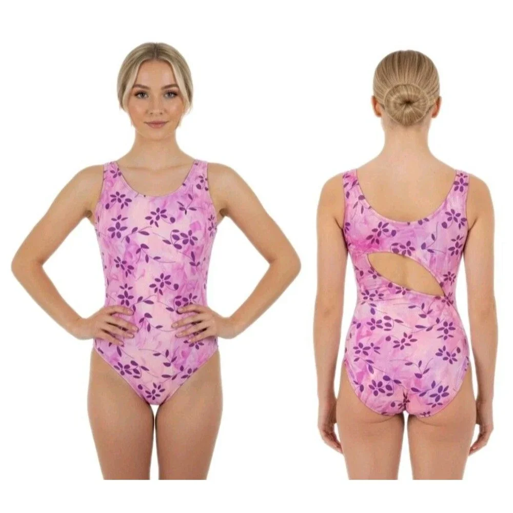 Satara VTG Asymmetric Cutout Glittered Floral Tank Leotard Size AL Pink Marble - Picture 1 of 16